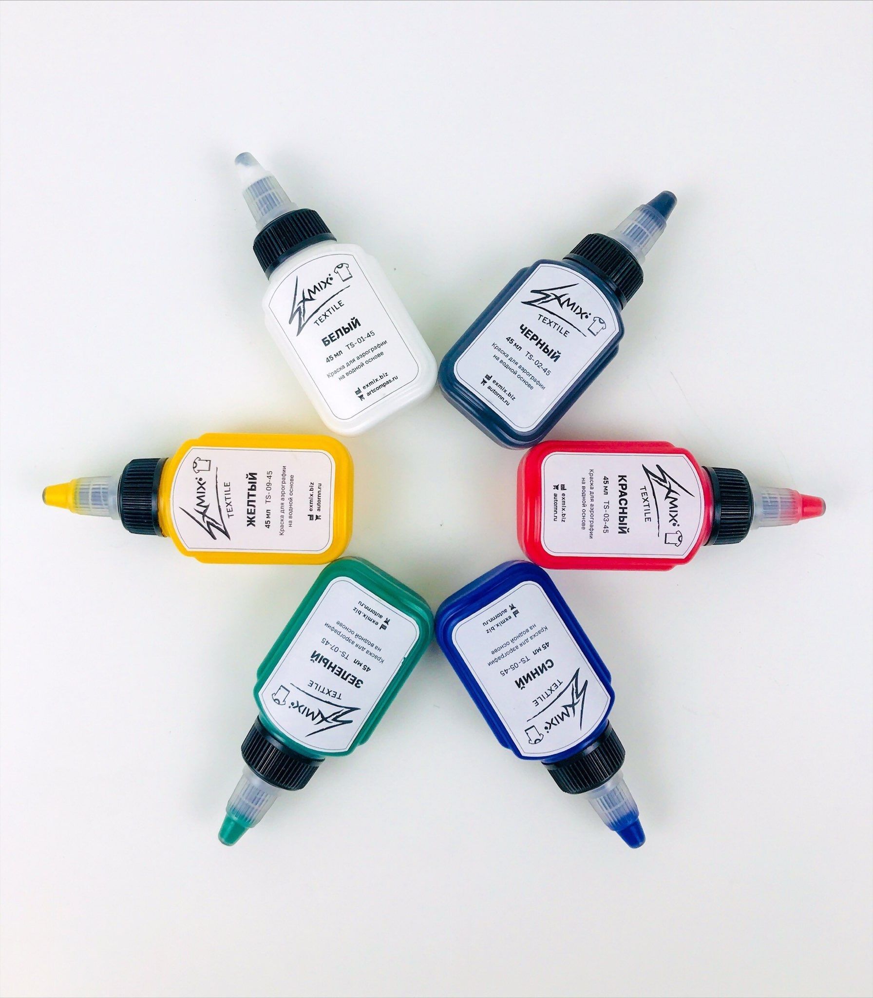 1-6685582762 Комплект красок для аэрографии EXMIX TEXTILE 2, 6 цветов по 45 мл — изображение 1